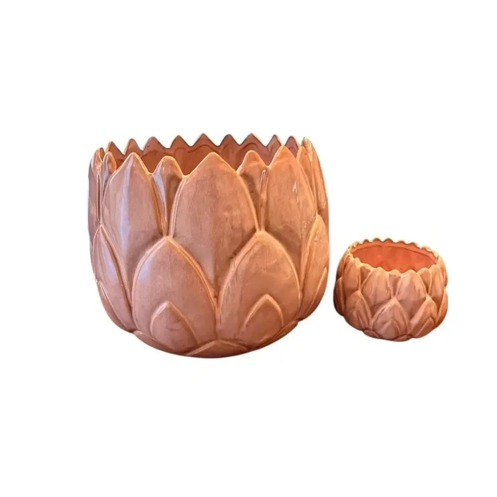 2 Anthropologie Pink Planters Lotus Artichoke 7” & 3” Wide Ceramic Flower Pots